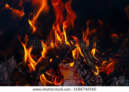 A bright yellow hot fire burns on wood in the dark.