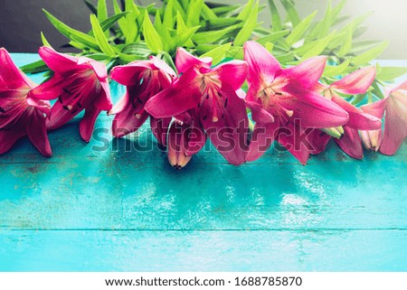 Fresh garden lilies lying as a frame on old painted wooden table. Beautiful floral background for posters and greeting cards. Top view.