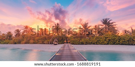 Nature sunset on Maldives island, luxury water villas resort and wooden pier. Beautiful sky clouds and beach nature background for summer vacation holiday and travel concept. Paradise sunset landscape Royalty-Free Stock Photo #1688819191