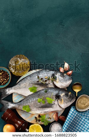 Vertical shot of fresh dorado fishes with ingredients on trendy turquoise background