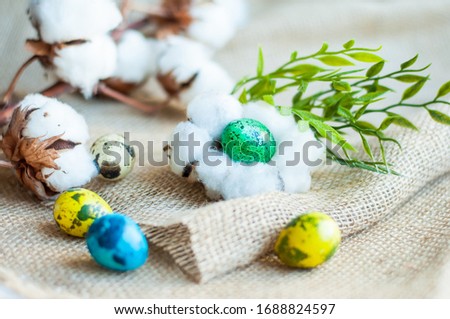 colorful Easter quail eggs on a linen bag on the background of a branch of cotton