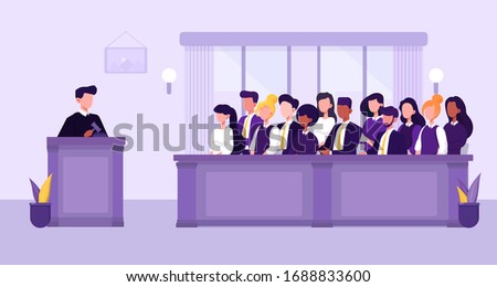 Illustration of people, judge and courthouse in jury trial concept. Vector Illustration Royalty-Free Stock Photo #1688833600