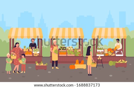 Farmers organic market in modern city street flat vector illustration concept. People sell own growth green natural eco products, fruits and vegetables. Seasonal sale local farm shop. Royalty-Free Stock Photo #1688837173
