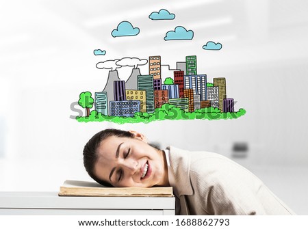 Happy business woman sleeping on workplace. Downtown with skyscrapers cartoon drawing above head. Smiling female worker in white suit dreaming in office. Real estate agency advertising.