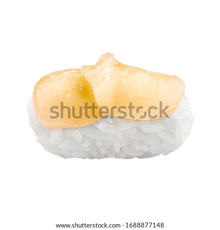 Japanese food: delicious Hotate (scallop) Nigiri Sushi isolated on white background. Royalty-Free Stock Photo #1688877148