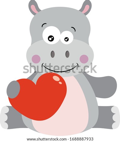 Cute hippo sitting holding a red heart
