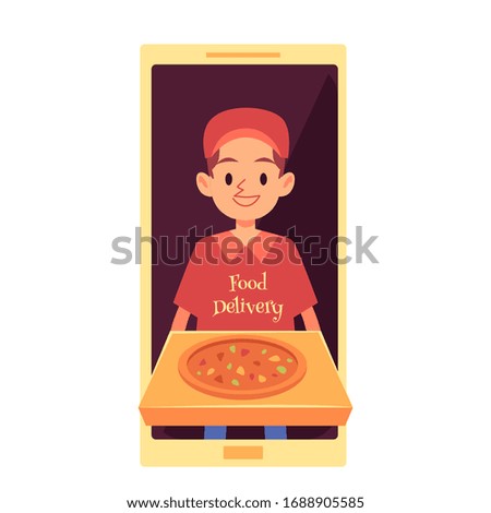 Delivery man appearing from phone screen and holding pizza box cartoon style, vector illustration isolated on white background. Online food order via mobile app, fast delivery