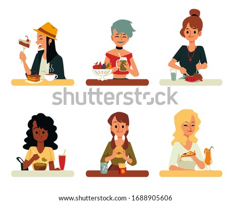 Set of women cartoon characters eating various meals, flat vector illustration isolated on white background. Food eating, dieting and nutrition icons collection.