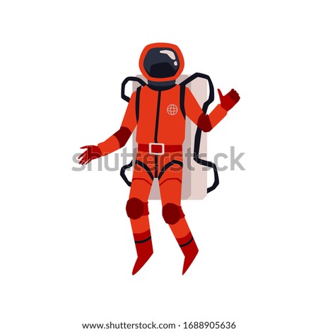 Spaceman or astronaut in red space suit character, flat cartoon vector illustration isolated on white background. Explorer cosmic outfit garment for spacewalks.