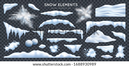 Snow capes piles icicles snowdrift mound bursting exploding snowballs splats realistic set dark transparent background vector illustration  Royalty-Free Stock Photo #1688930989