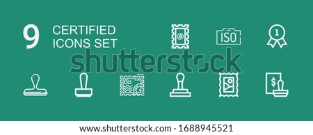 Editable 9 certified icons for web and mobile. Set of certified included icons line Stamp, Quality, Iso on green background