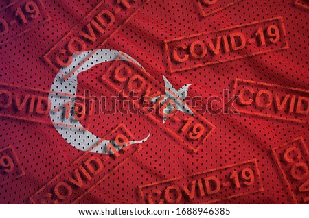 Turkey flag and many red Covid-19 stamps. Coronavirus or 2019-nCov virus concept
