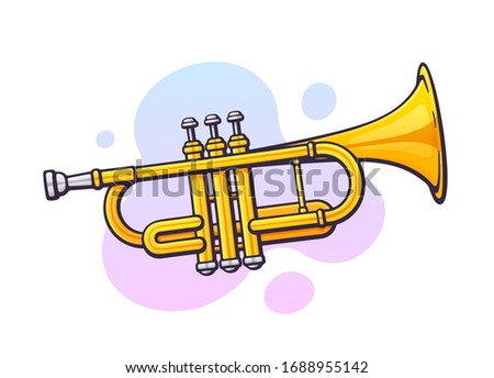 Vector illustration. Classical music wind instrument trumpet. Blues, jazz or orchestral equipment. Clip art with contour for graphic design. Isolated on white background