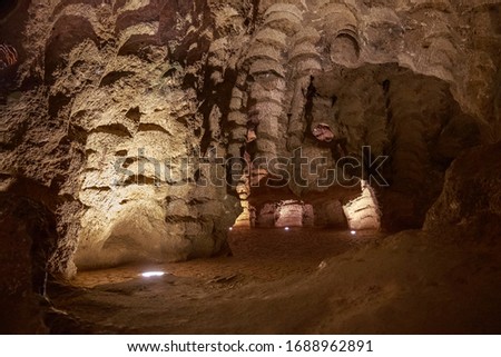 Interior of the The Caves of Hercules in Cape Spartel in Morocco. Is an archaeological cave complex near Atlantic Ocean, located west of Tangier, the popular tourist attraction. Royalty-Free Stock Photo #1688962891