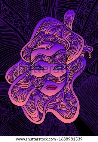 Fantastic cyborg girl face in wires, bright pink violet gradient color, isolated dark purple outline pattern on black background. Vector creative hand drawn illustration with face android girl. 