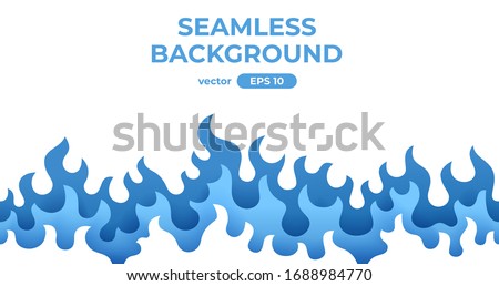 Seamless fire, flame frame border. Flat style vector illustration. Flame, fire, torch, campfire. Cute cartoon design. Blue and white colors. Realistic template.