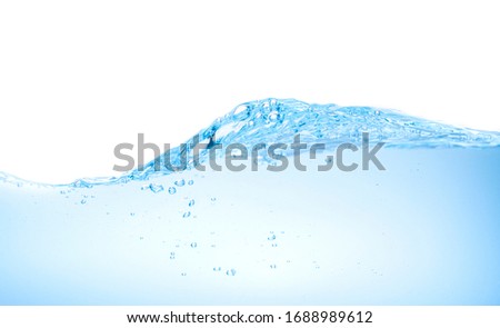 Beautiful of close up blue water surface with wave and Bubbles on white background. Copy space for text. Art abstract background concept