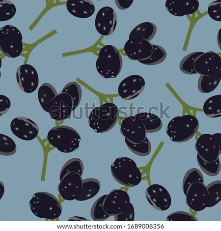 seamless pattern with black grapes on blue background. vector illustration.
