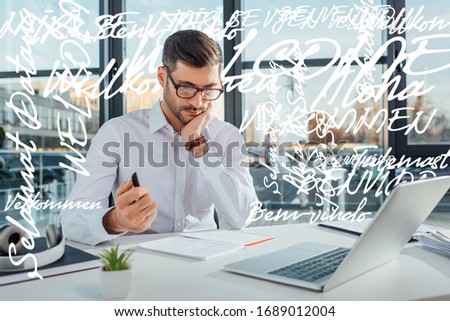 professional translator in eyeglasses working online with laptop, welcome translation illustration