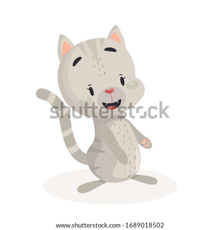 Cute flat grey striped kitten. Flat vector illustration on white isolated background