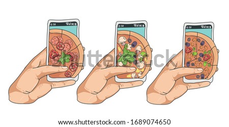 Illustration of ordering pizza using a smartphone, phone. Online ordering, food delivery, e-commerce.