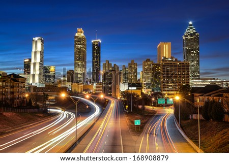 Atlanta downtown skyline during twilight blue hour Royalty-Free Stock Photo #168908879
