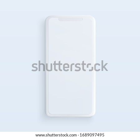 Realistic white clay style smartphone illustration with blank screen. Template for presentation of UI design interface or infographics. Vector cellphone mockup for UX design concept.