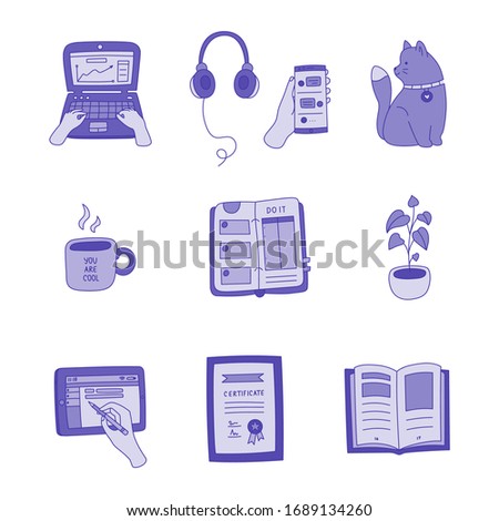 Hand drawn online education set vector monochromatic color icons. Cat, pike tail plant in a pot, laptop, tablet, phone, headphones, certificate, notebook, cup, book objects. Spot illustrations.