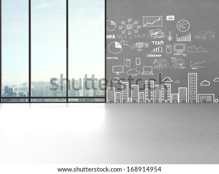 big sunlight office with drawing plan on wall