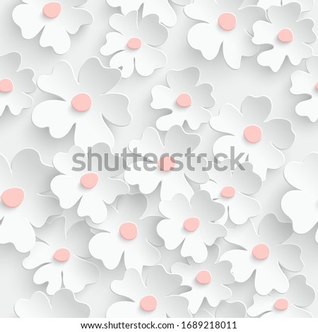 Paper flower. Sakura seamless pattern. Sakura on a white background. Flowers are cut out of paper. Seamless texture in gentle colors. Wedding decorations. Greeting card template. Vector illustration.