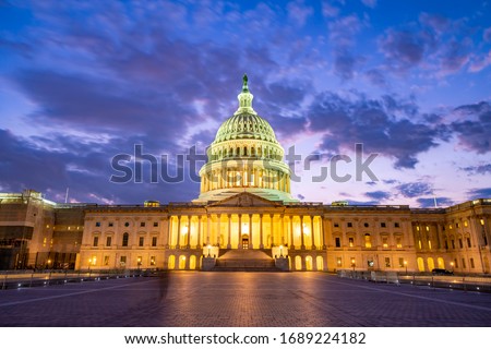 The United States Capitol at night, often called the Capitol Building, is the home of the United States Congress and the legislative branch of the U.S. federal government. Washington, United States. Royalty-Free Stock Photo #1689224182