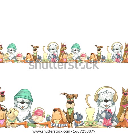 
dogs of different breeds in clothes, headphones, bibs, glasses for printing, isolated vector, color with outline, dachshund, commander, shepherd, labrador, pug, bulldog, poodle, seamless pattern
