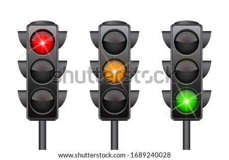 Traffic lights with all three colors on. Photo-realistic vector illustration isolated on white background Royalty-Free Stock Photo #1689240028