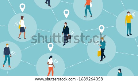 Tracking people's location and coronavirus outbreak: crowd of people keeping a safe distance and being located by a tracker app Royalty-Free Stock Photo #1689264058