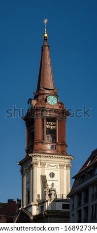 Restored tower of the "Parochialkirche" ("Parochial Church"), the oldest church of the Evangelical Reformed Church in Berlin-Mitte - Panorama from 5 pictures