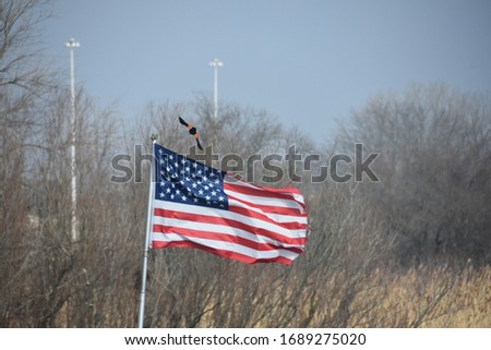 On a bright windy day, a bird circles the US flag.
