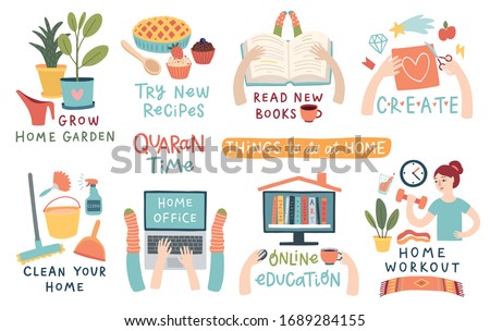 Quarantine activities letterings and other elements. Things to do at home. Vector illustration. Royalty-Free Stock Photo #1689284155