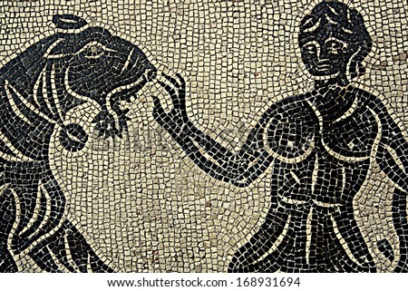 Rome mosaic. Mosaic of a tiger and a man