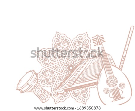 Music themed background with Arabic instruments. Vector illustration. Royalty-Free Stock Photo #1689350878