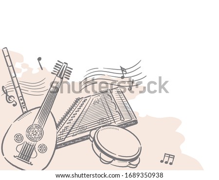 Music themed background with Arabic instruments. Vector illustration. Royalty-Free Stock Photo #1689350938