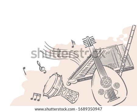 Music themed background with Arabic instruments. Vector illustration. Royalty-Free Stock Photo #1689350947