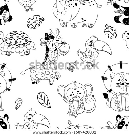 Black and white vector seamless pattern with cute tropical animals. The picture shows a panda, toucan, rhino, turtle, giraffe, monkey, lion and sheets of tropical trees on an isolated white background