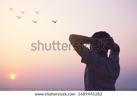 Man rise hands up to sky looking at birds fly through metaphor freedom concept with sunset sky and summer beach background.
