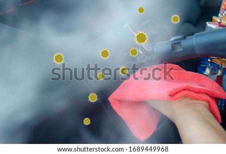 Clean the air of the car. Steam heat sterilization in air duct cleaning, disinfection of vehicles.Kill germs, viruses and bacteria with high heat. Royalty-Free Stock Photo #1689449968