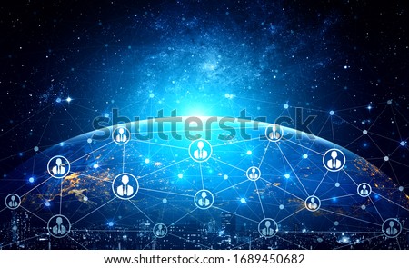 People network and global communication concept. Business people with modern graphic interface of community linking many people around world by social media platform to connect international business. Royalty-Free Stock Photo #1689450682