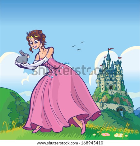Vector cartoon illustration of a princess holding a bunny or rabbit with a fantasy castle in the distant background. Character art is on a separate layer for easy editing.