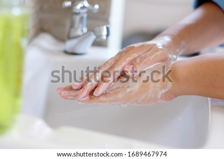Corona virus prevention, Hygiene to stop spreading coronavirus, Close up of washing hands rubbing with soap, Sanitizer clean hand for Covid-19 protection, Stay safty, Health care for epidemic