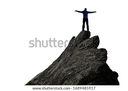 Adventurous Man Hiker With Hands Up on top of a Steep Rocky Cliff. White Background Isolated Cutout. Perfect for Image Composites. Graphic Resource. Concept: Adventure, Explore, Hike, Lifestyle