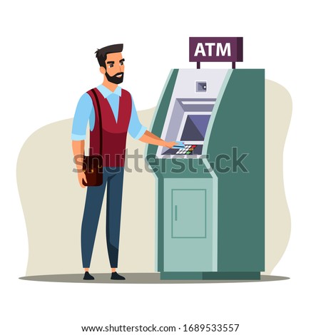 Young man using cashpoint flat color illustration. Guy working with ATM interface cartoon character. Bank visitor performing electronic transaction vector drawing. Banking service design element Royalty-Free Stock Photo #1689533557