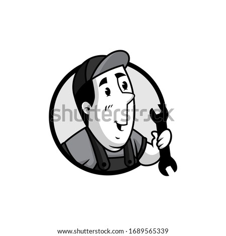 Vector mascot, cartoon, and illustration of a retro handyman holding double wrench badge version.